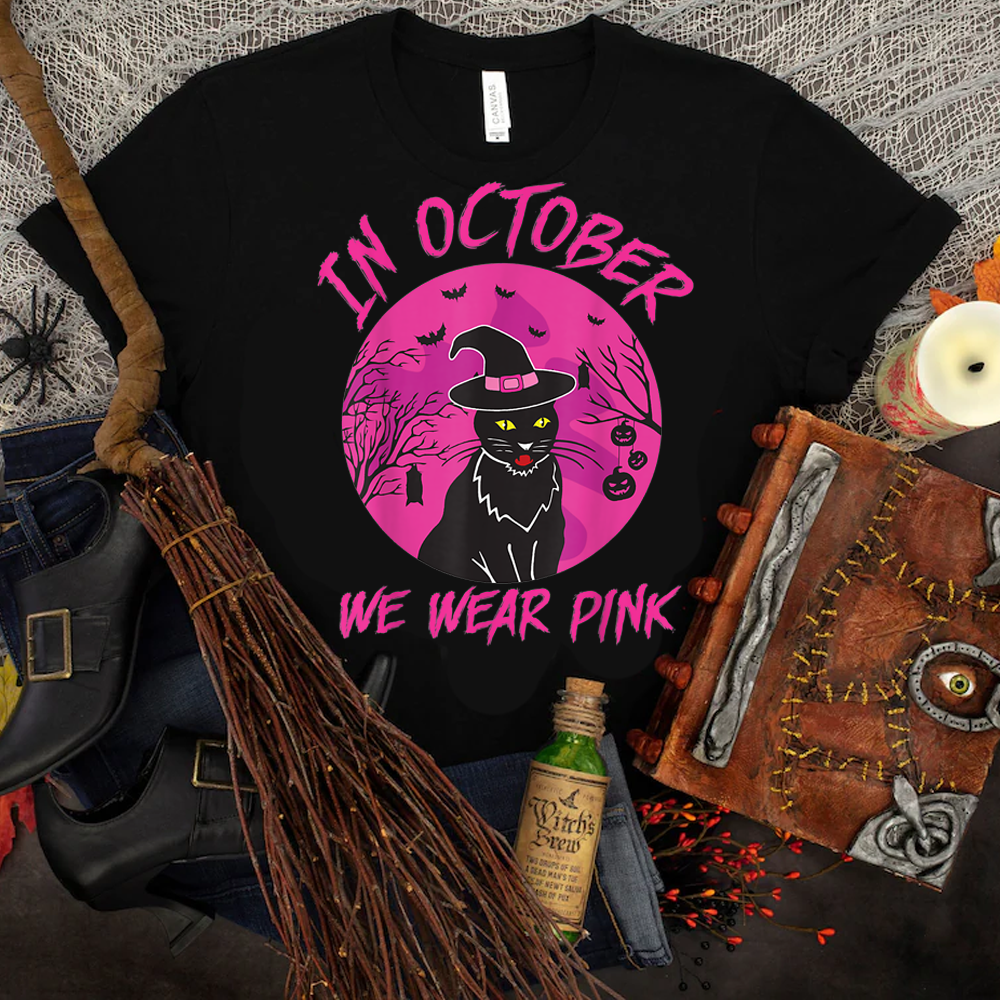 In October We Wear Pink Cute Cat Breast Cancer Awareness T Shirt