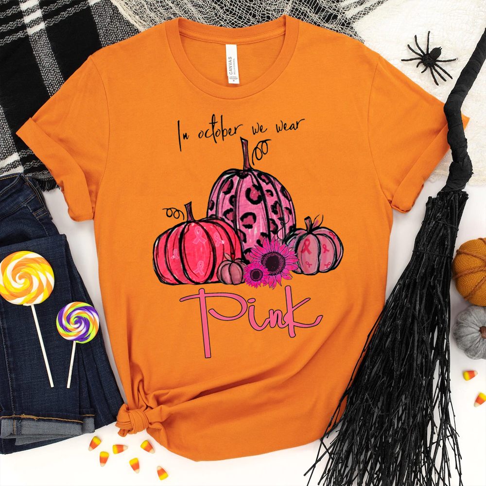 In October We Wear Pink Pumpkin Breast Cancer Costume Halloween T Shirt