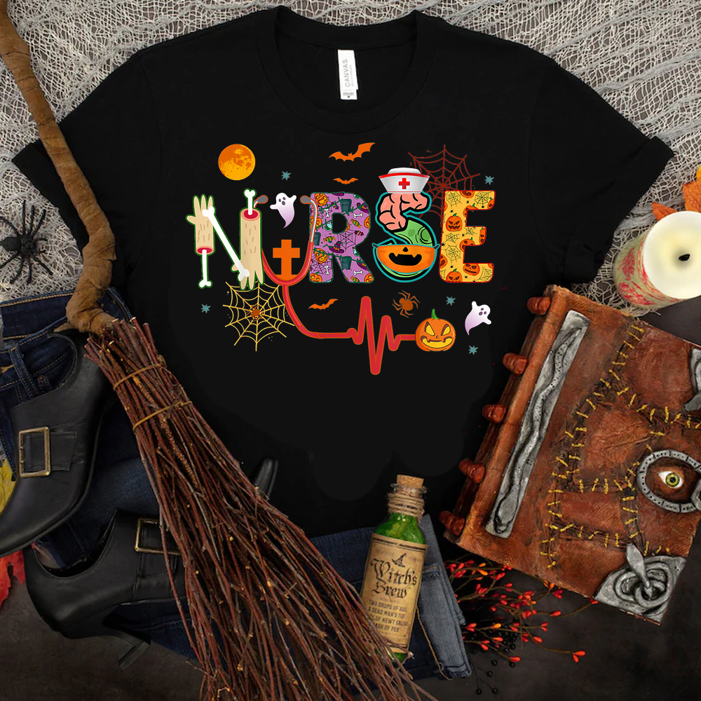 Nurse Halloween Costume Stethoscope Heartbeat Pumpkin Womens T Shirt